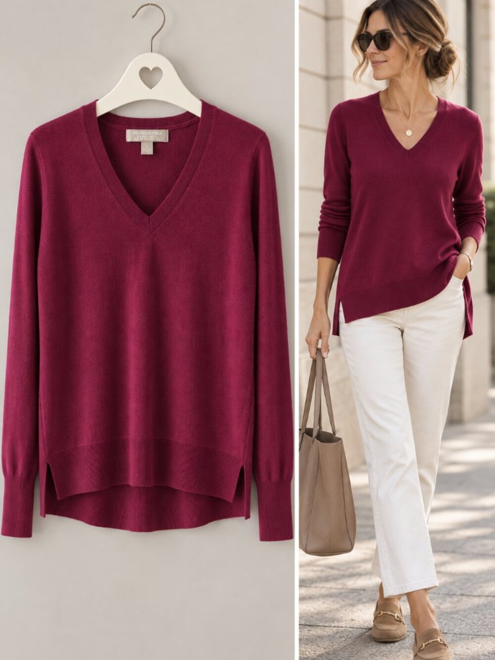 Banana Republic Extra Fine Merino Wool V-Neck Sweater Berry Size S PTP18